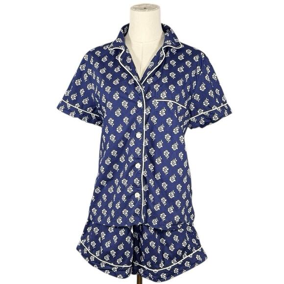 J.Crew Factory 100% Cotton Pajama Set Navy Floral Short Sleeve Button Down | M - Picture 2 of 12